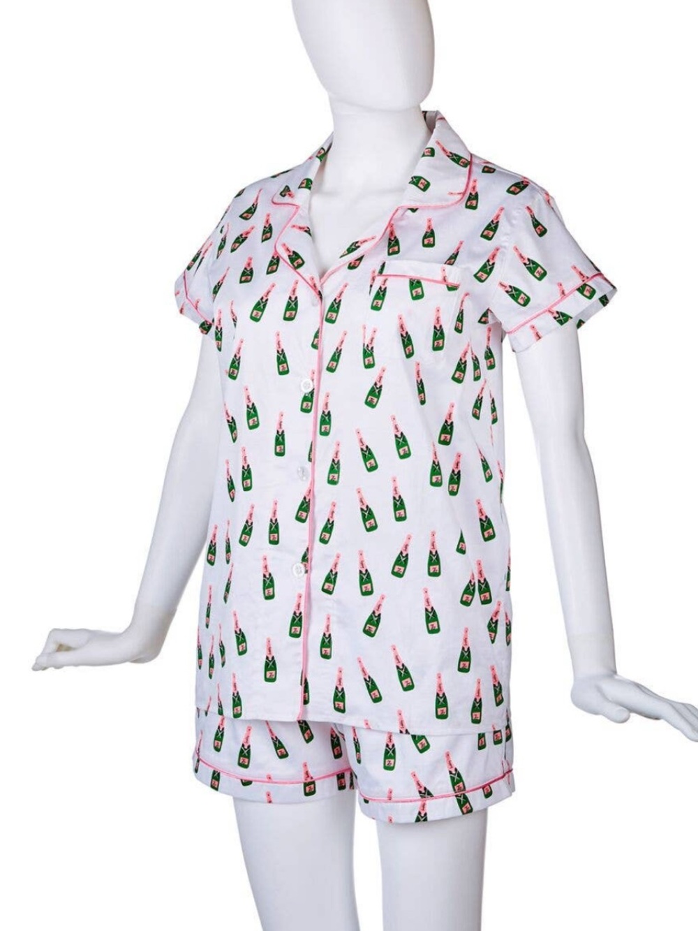 Short-Sleeve Pink Champagne Bottle Print Pajama Set
